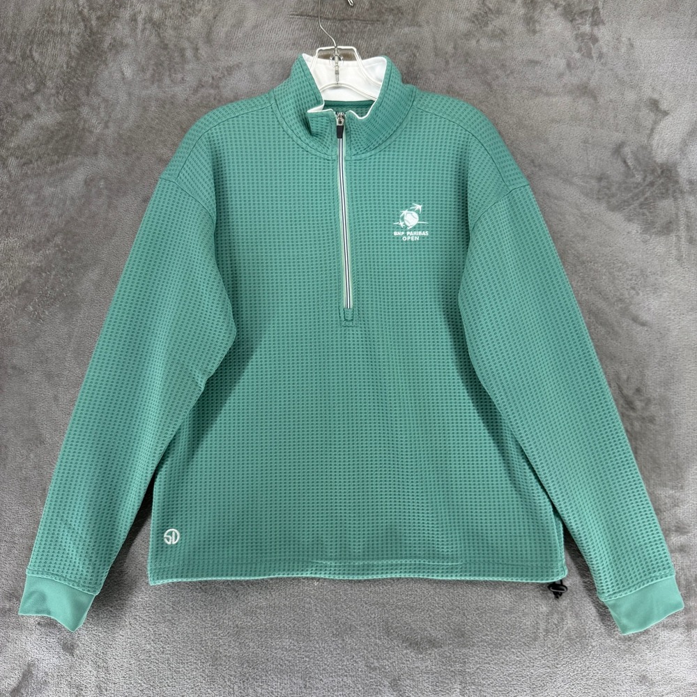 Straight Down Pullover Mens L Green BNP Paribas Open 1/4 Zip Waffle Knit EUC